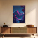 Vaporwave mountain landscape, pink and purple mountain art, framed canvas print