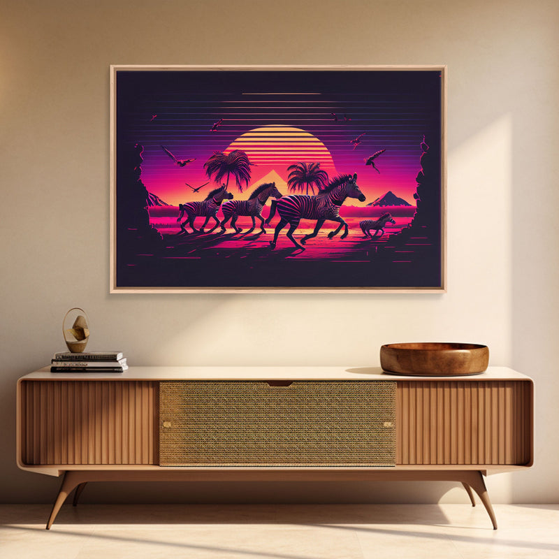 Zebra running through the plains, synthwave art, framed canvas print, framed wall art