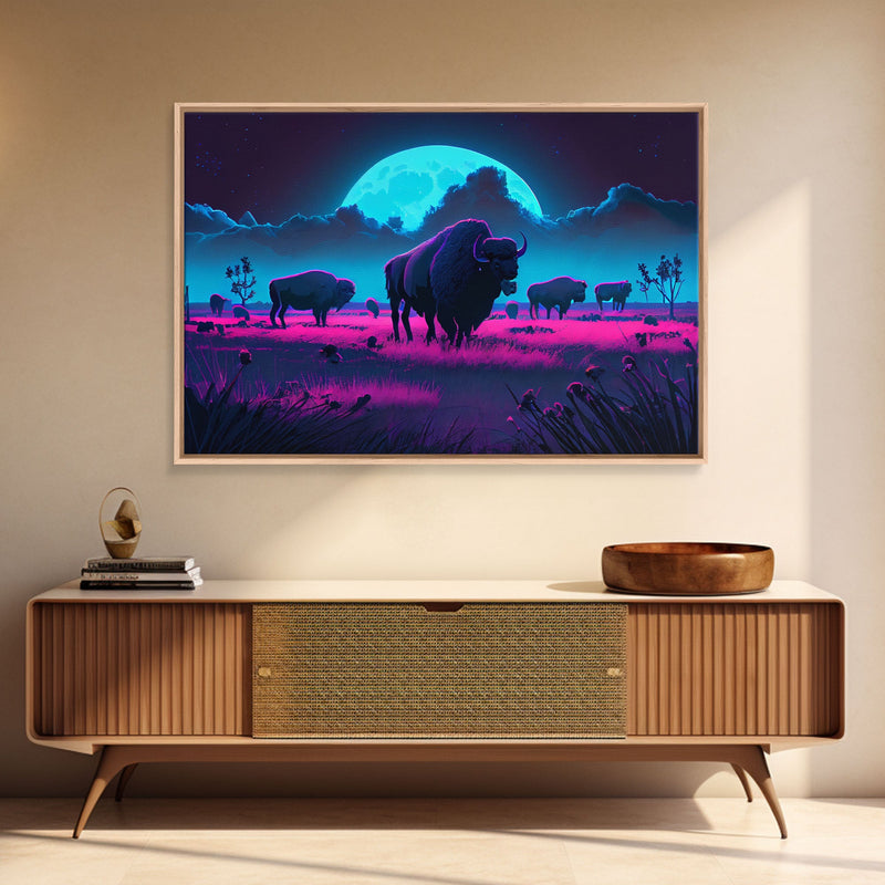 American Buffalo, Retrowave art, herd of Bison and a full moon, framed canvas print