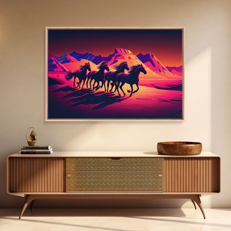 Wild Arabian Horses - Vibrant synthwave nature art, framed canvas print