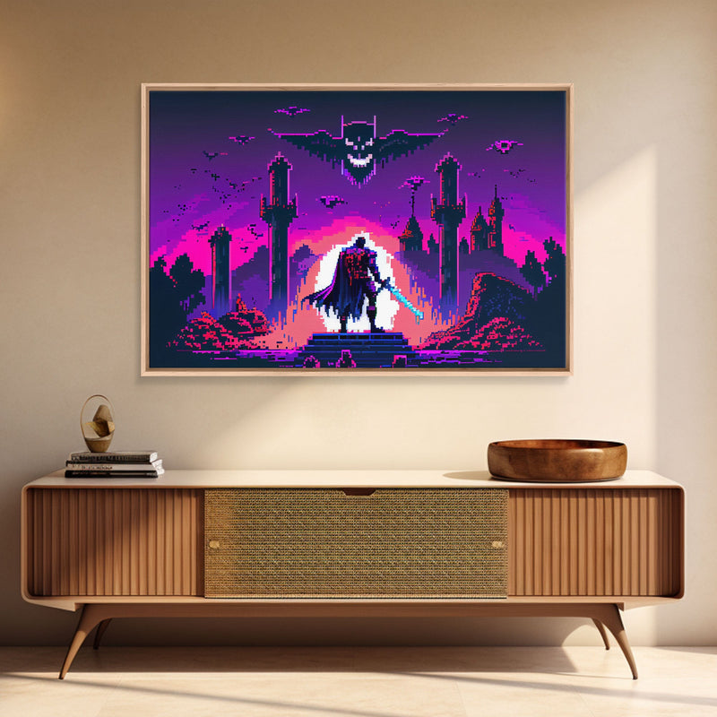 Barbarian vs Vampires, pixel art, DND RPG concept art, vaporwave aesthetic gamer room art, framed canvas print