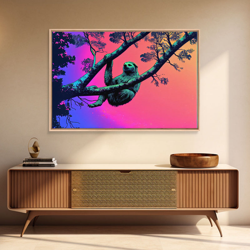 What a cool sloth man, vaporwave sloth art, framed canvas print, wall art with frame and a cool lookin' sloth