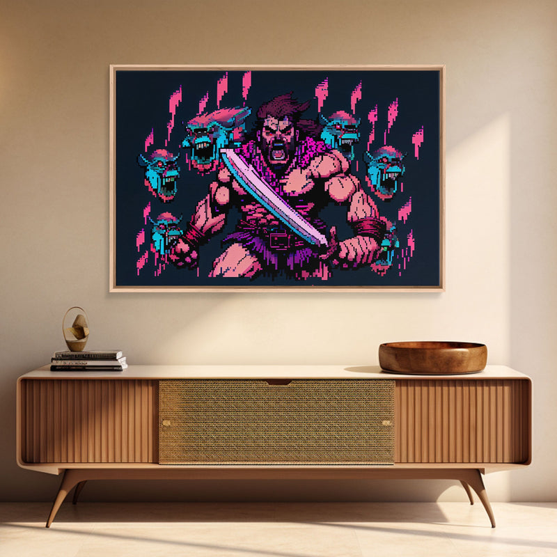 Barbarian pixel art, vaporwave RPG concept art, framed canvas print