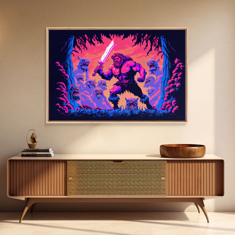 Barbarian pixel art, vaporwave RPG concept art, framed canvas print, synthwave tabletop art