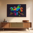 Tropical birds, vibrant and colorful animal print, parrots, framed canvas print, Framed wall art