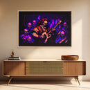 Human bard pixel art, vaporwave RPG concept art, framed canvas print, synthwave tabletop art