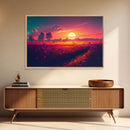 Watercolor of a beautiful sunset over a vibrant field of flowers, framed canvas print, framed art