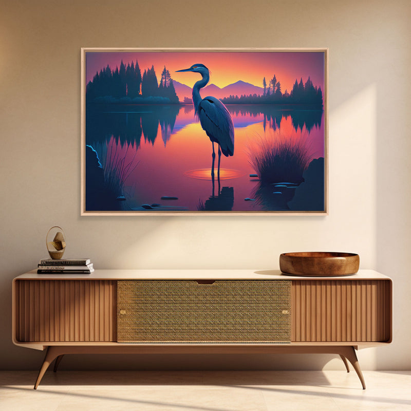 A stork standing in a calm lake at sunset, framed canvas print