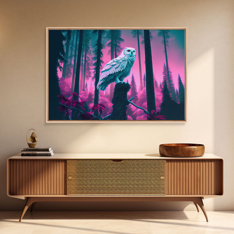 White owl in synthwave forest, vaporwave style animal print art, framed canvas print