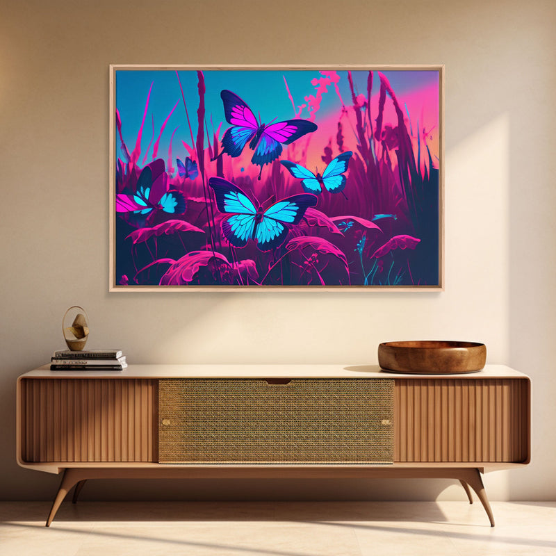 Beautiful butterfly art, vaporwave aesthetic pastel art, framed canvas print, synthwave art