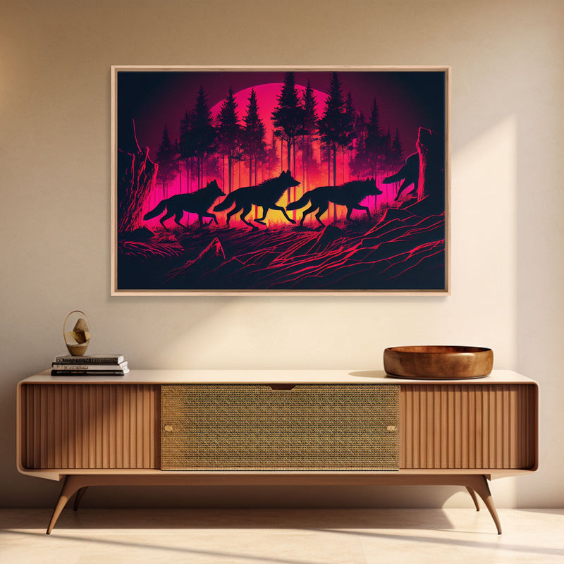 Wolf Pack on the hunt at sunset, synthwave animal art, framed canvas print