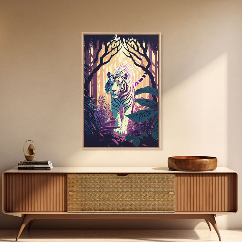 White tiger in the jungle, retro wave art, framed canvas print, albino tiger, rare art