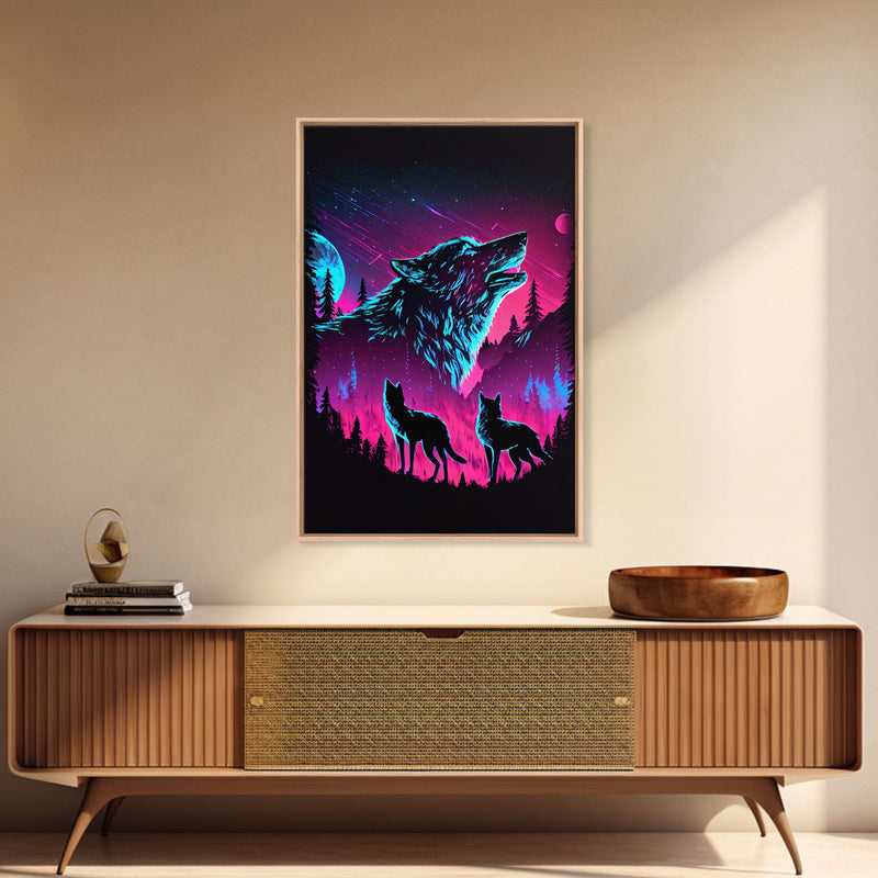 Wolves Howling at the moon, 3 wolf moon, framed canvas print, vaporwave art, Animal art, predator art