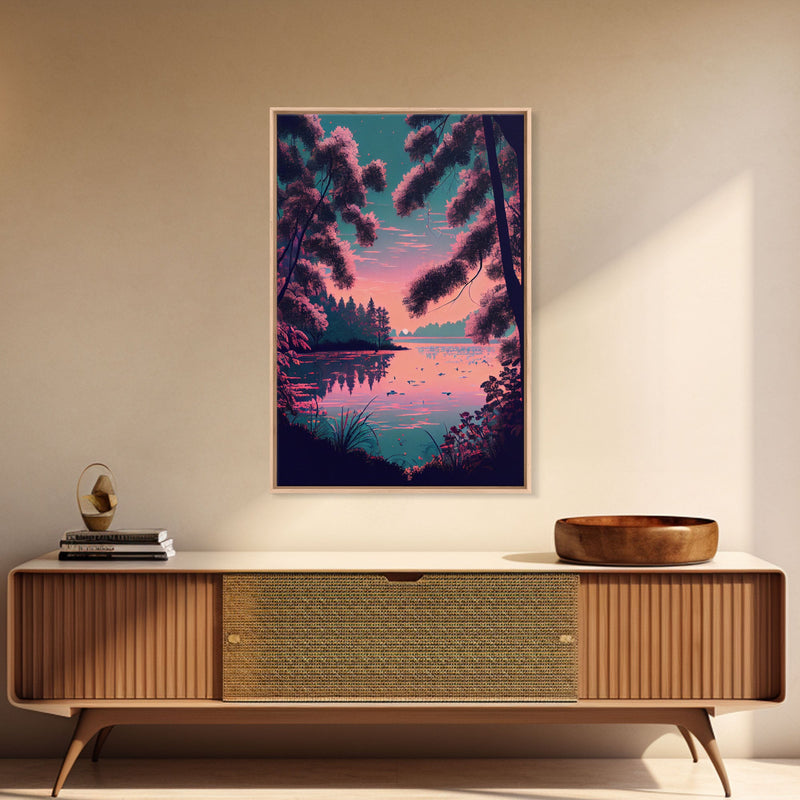 Beautiful Sunset over the lake, My Secret Spot, framed canvas print, Pinkwave retro style landscape art