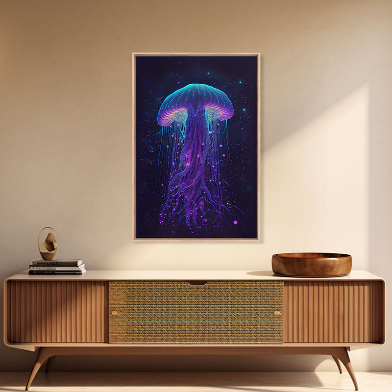 Bioluminescent Jellyfish against a Starry night sky, Cosmic Jelly Fish, Framed Canvas Print, synthwave style art