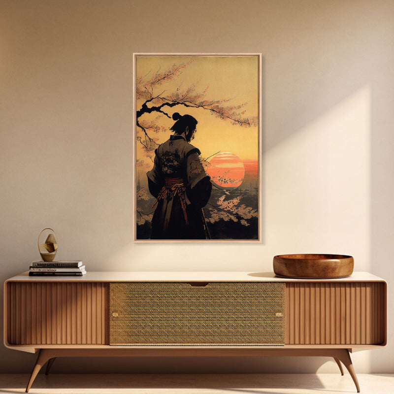 Watercolor of a Samurai observing a sunset, Framed Canvas Print, unique wall art