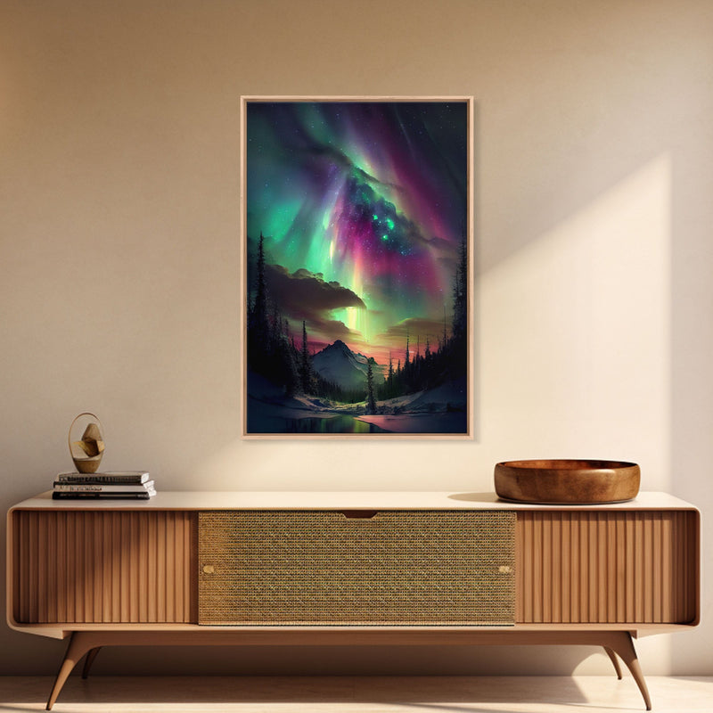 Aurora Borealis, Northern Lights Art, framed canvas print, snow capped mountain landscape art