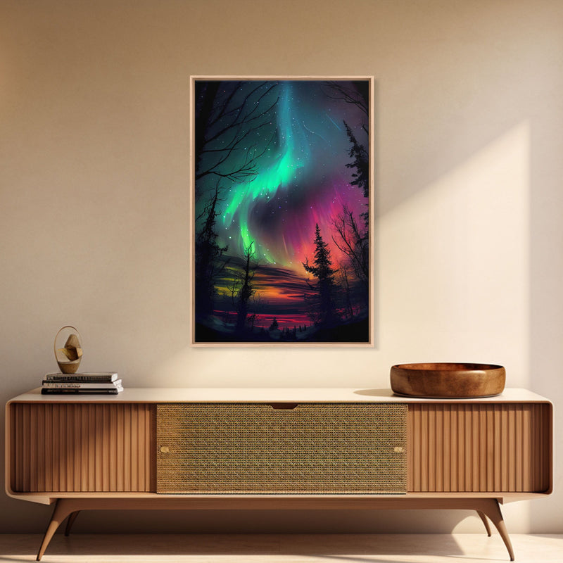 Aurora Borealis, Northern Lights Art, framed canvas print, snow capped mountain landscape art