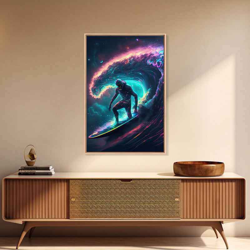 Astronaut surfing the stars, Cosmic Surfer, Galaxy Art, framed canvas print, unique colorful wall art