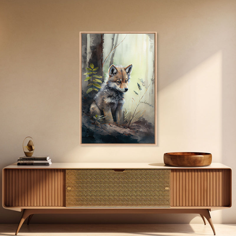 Watercolor of a wolf pup, framed canvas print