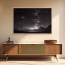 Black and white Watercolor of a starry night sky over a pine forest, framed canvas print