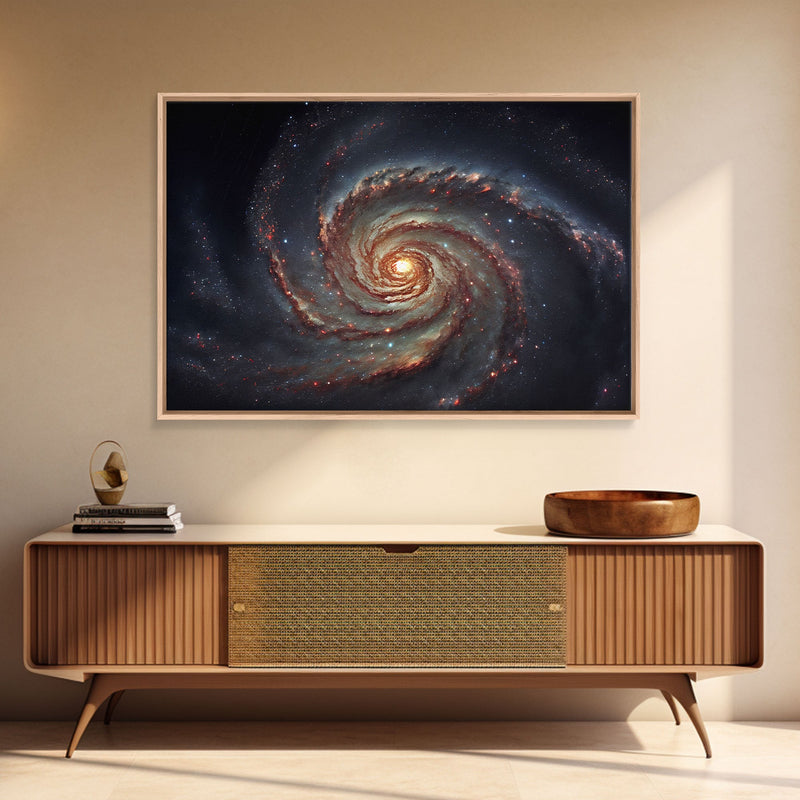 Watercolor of a distant spiral galaxy, framed canvas print, framed space art, above couch space art