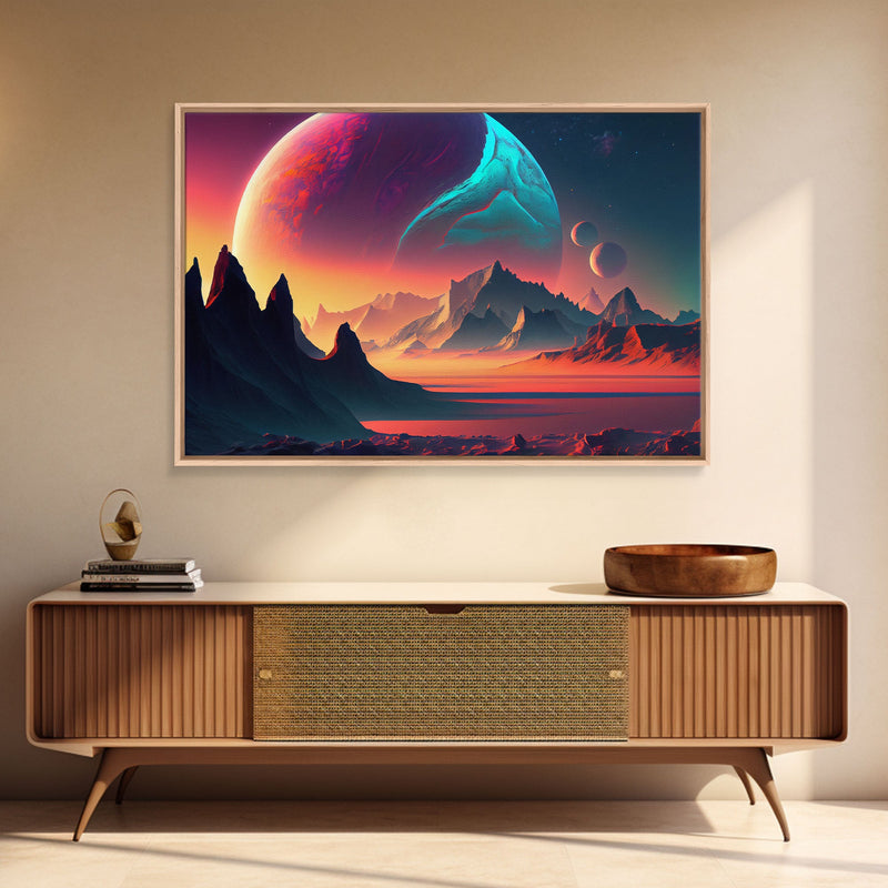 3 Moon Fantasy World, Retro Style Sci-Fi Art, Framed Canvas Print, Futuristic Art, Fantasy Decor