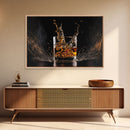 Whiskey Wall Décor, Ice falling into a glass of whiskey, modern / contemporary bar wall art, framed canvas print
