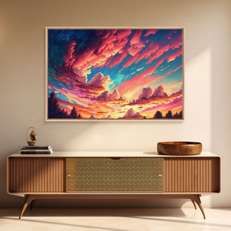 Watercolor of a beautiful cloudy sky at sunset, framed canvas print, landscape art, unique framed wall art