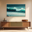The Monsoon | Beach Art | Framed Canvas Print | Emerald Green Waves | Boho Style Minimalist Painting | Framed Wall Decor Wall Art