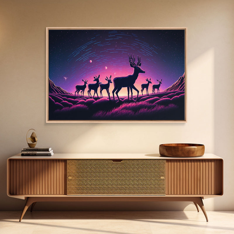 Wildlife at Night, Timelapse art, framed canvas print, synthwave style animal art