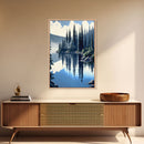 Washington State Pine Tree Forest and Lake Reflection, Framed Canvas print, watercolor painting print, unique living room wall art