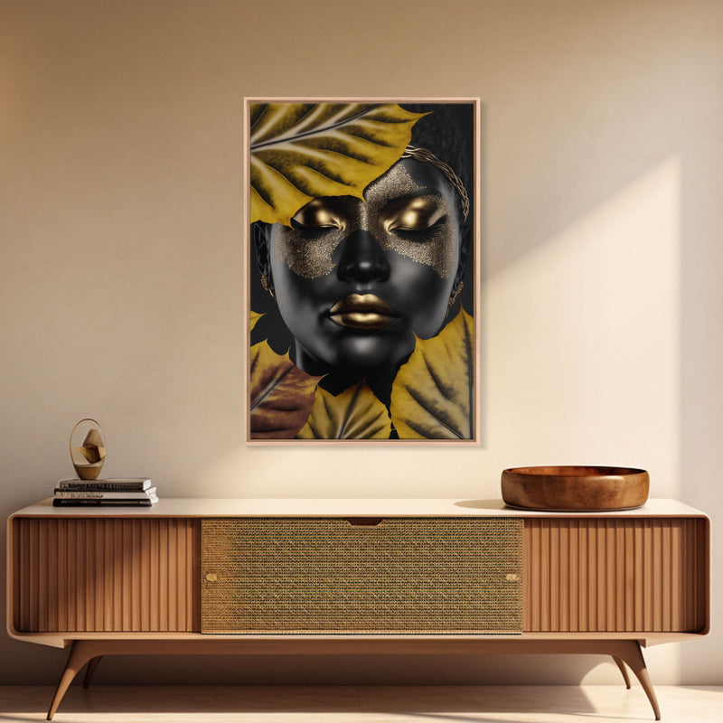 Beautiful Woman Art Framed Canvas Print Black Gold Woman Wall Art Lady Print, Gold Face Leaves Palm decor ready to hang Ethnic girl portrait