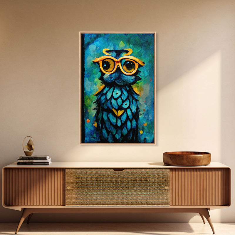 Wise Owl With Glasses Canvas Art - Owl Painting - Owl Wall Decor