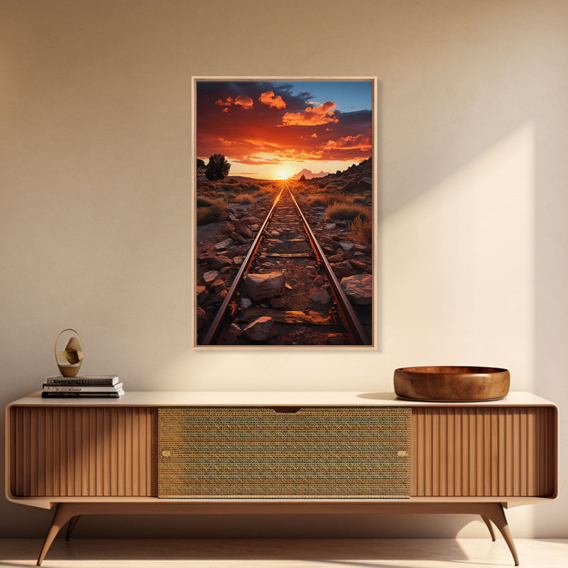 Abandoned Train Tracks Somewhere In The Arizona Desert, Framed Canvas Print, Western Decor