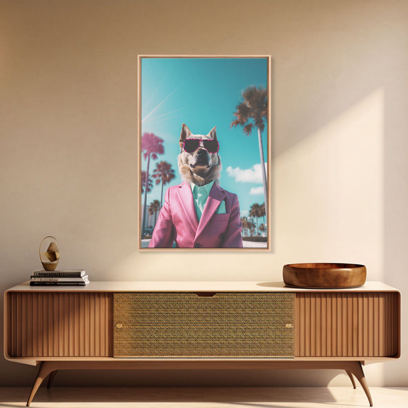 Akita Wall Print, Dog Wall Art, Dog Sunglasses, Pink Business Suit, Funny Wall Art, Framed Wall Art, Framed Canvas, Wall Print, Wall Canvas