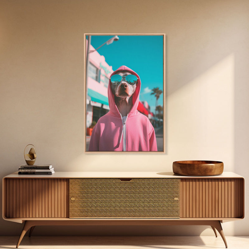 Whippet In Pink Hoodie Sunglasses Wall Print, Dog Art, Dog Portrait, Dog Art Print, Framed Wall Art, Framed Canvas, Wall Print, Wall Canvas