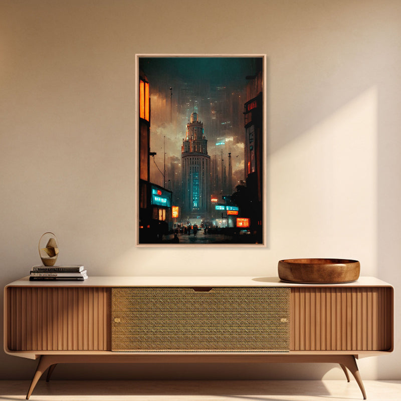 Art Deco Cyberpunk Cityscape Canvas Print, Scifi art, cool wall art for mancave, dystopian art, architecture