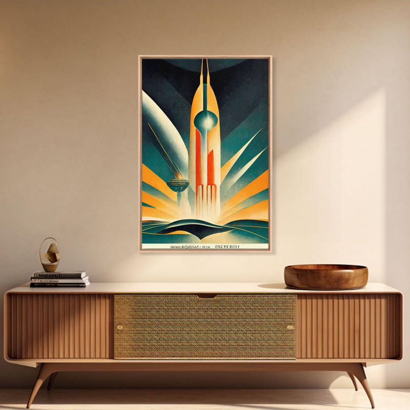 Art Deco Style Spaceship, Space Exploration, Science Fiction / SciFi Canvas Print, Ready to Hang Wall Art