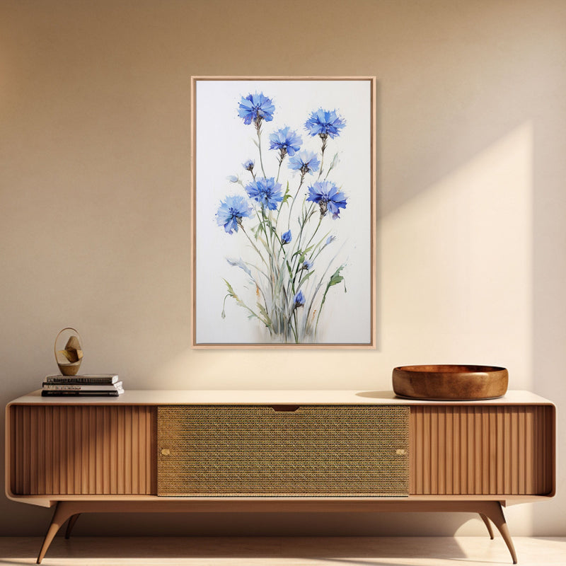 Blue Bachelor Buttons Art Print - Framed Giclee Oil Painting Print - Oil Painting Still Life Original - Large Flower Canvas Print or Poster