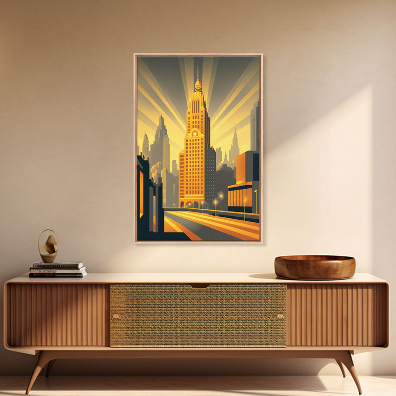 Art Deco Architecture, Framed Canvas Print, 1930s Style Art Deco City Skyline