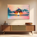 Sailing at Sunset, Watercolor, Framed Canvas Art, Stretched Canvas Print, Nautical Sailing Outrun Style Sunset Art