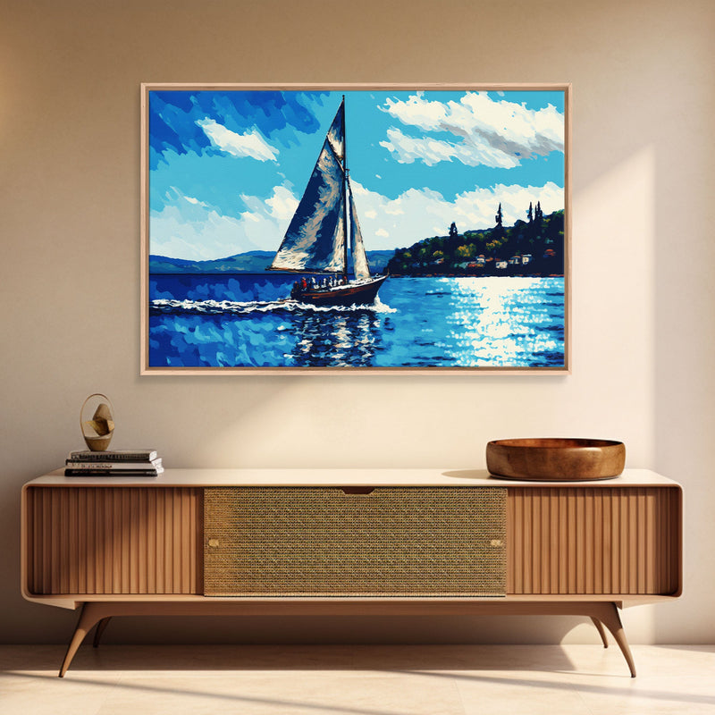 Blue Sky and Blue Sea There's Nothing Else For Me, Framed Canvas Print, Oil Painting Style, Sailing / Sail Boat Art