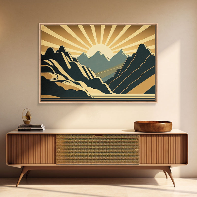 Art Deco Style Mountain landscape at Sunset, Framed Canvas Print, Large Format Wall Art, Huge Wall Decor