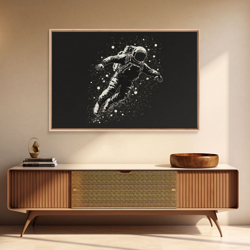 Adrift - Astronaut Lost In Space - Framed Canvas Print - Black and White Space Art