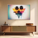 Retrowave / Synthwave Sunset Behind Beautiful Palm Trees, 1980s Style Retro Home Decor, Framed Canvas Print, Double Exposure Art