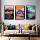 Minimalist Landscape Decor, 3 Piece Canvas Print, Framed Wall Art, Pacific Northwest Inspired Scandinavian Decor, Retro Style