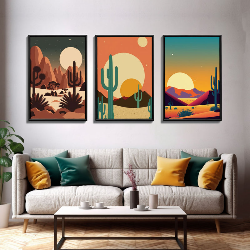 Arizona Desert Landscape, Framed Canvas Print Set, 3 Piece Wall Art, Brown Sepia Art, Mountains Wall Art, Office Wall Art