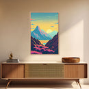 Peach Sunset, Fantasy Mountain Landscape Art, Framed Canvas Print, Minimalist Art Deco Inspired Wall Art