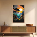 Colorful Pop Art Picture of a Mountain and Forest Landscape, Framed Canvas Print, Surrealist High Contrast Cel Shaded Landscape Art